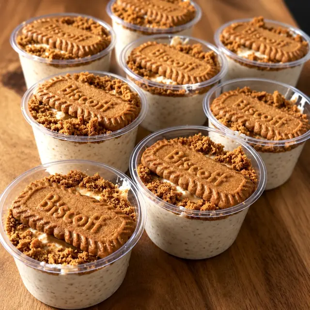 Dessert pots topped with Biscoff biscuits