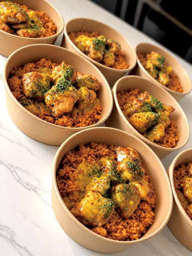 A batch of chicken and rice bowls lined up on the pass
