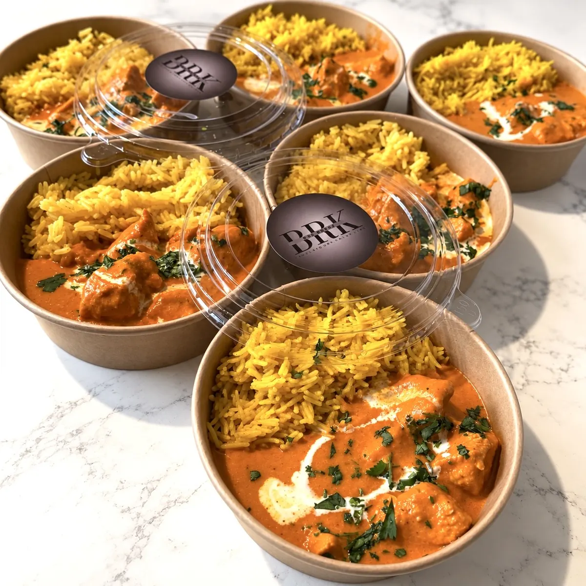 A batch of BRKPrepz curry and pilau rice bowls, some sealed with BRK branded lids